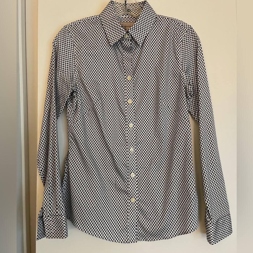 Banana Republic NO IRON Fitted Long Sleeve Button Up Shirt White/Black